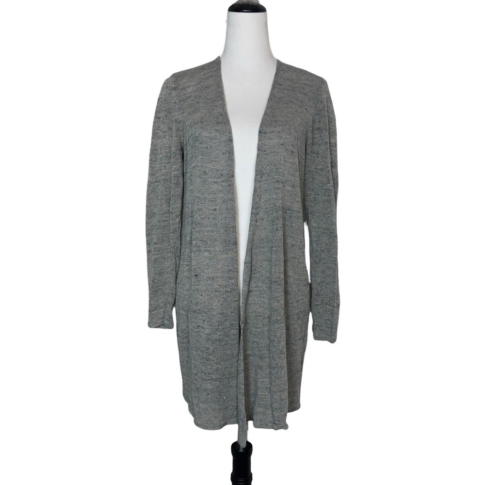 Eileen Fisher Gray Linen Cotton Long Open Cardigan Size M Boho Minimalist Beach